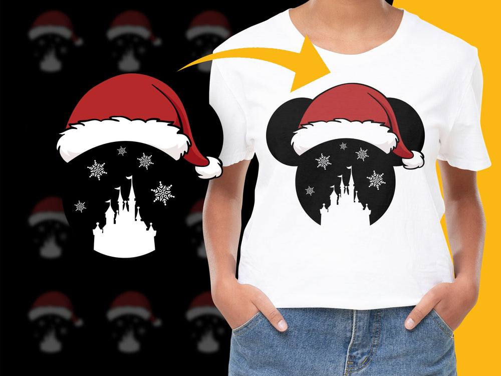 Disney Christmas T-Shirt, Mickey Mouse Ears Santa Hat, Holiday Tee, Magic Kingdom Castle, Festive Family Shirts, Snowflakes Design