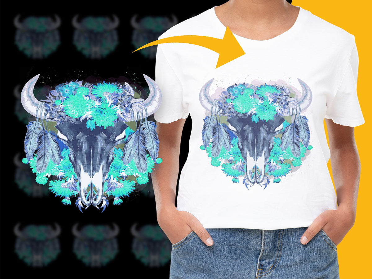 Buffalo Skull T-Shirt, Floral Horns Graphic Tee, Boho Style, Trendy Animal Print Shirt for Men and Women