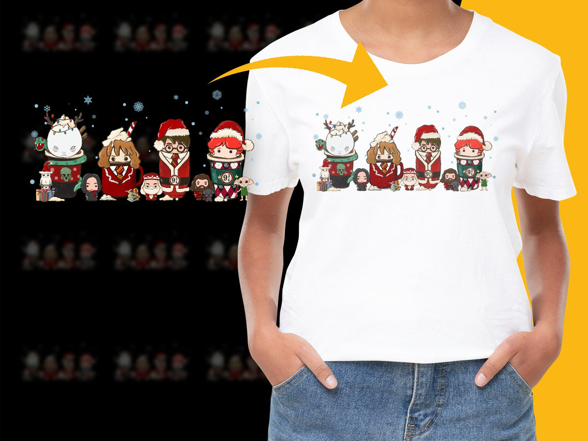 Girls Festive Holiday T-shirt, Cute Cartoon Christmas Characters, Kids Winter Apparel
