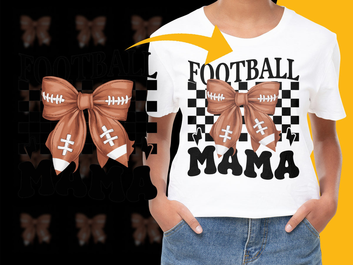 Football Mama T-Shirt, Sports Mom Graphic Tee, Checkered Pattern, Brown Bow Design, Casual Wear