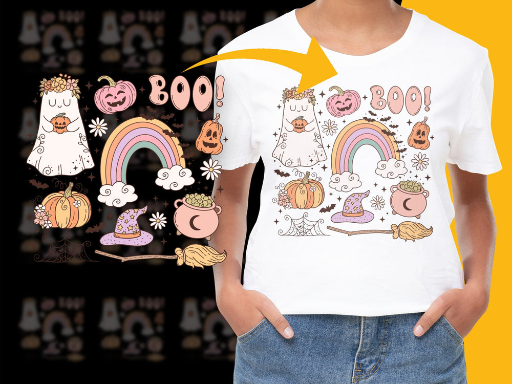 Cute Halloween T-Shirt, Ghost Pumpkin Rainbow Graphic Tee, Autumn Kids Fashion, Spooky Season Casual Wear