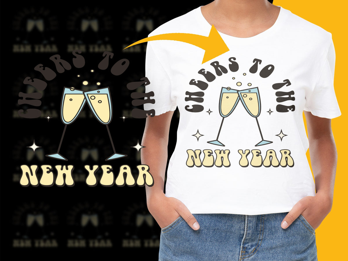 New Year Cheers Graphic T-Shirt, Unisex White Tee with Champagne Glasses, Festive Holiday Party Apparel for Adults and Teens
