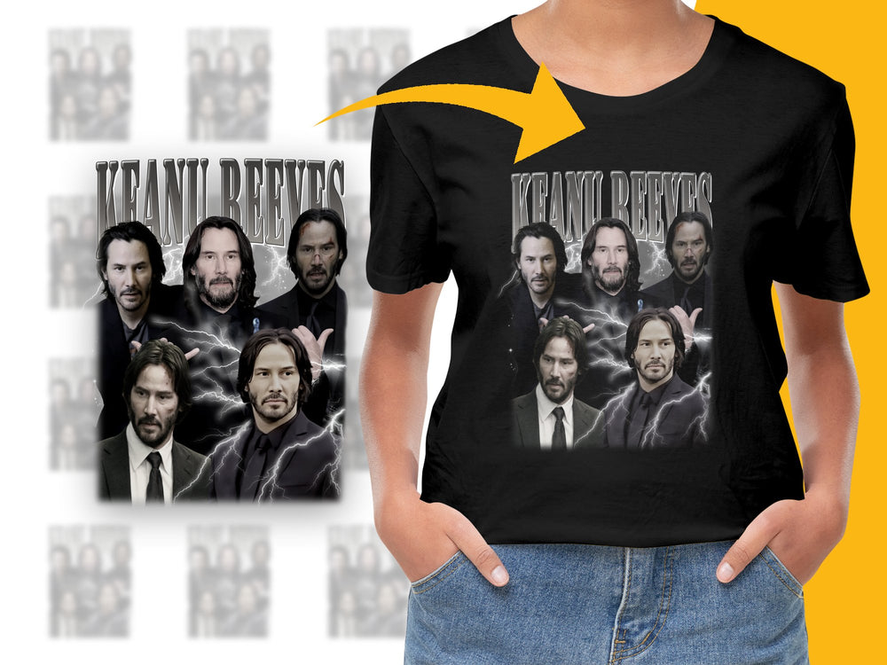 Keanu Reeves Fan T-Shirt, Montage Graphic Tee, Movie Star Collage Shirt, Black Cotton Top, Unisex Fashion Clothing