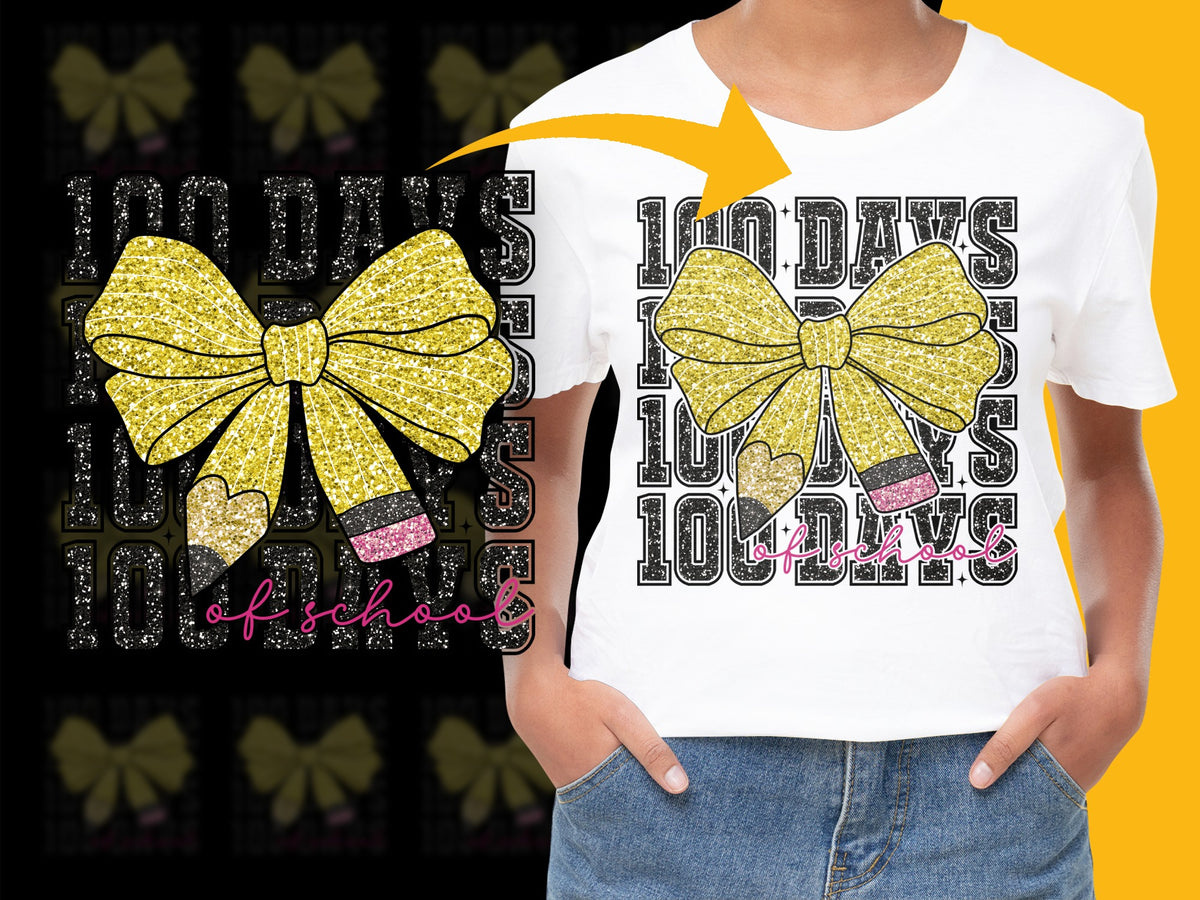 Kids 100 Days of School T-Shirt, Yellow Bow Glitter Design, Celebration Tee for Girls