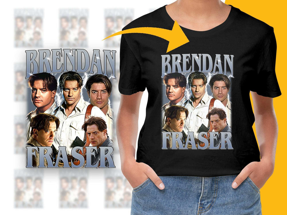 Brendan Fraser Fan T-Shirt, Vintage Movie Star Collage, Unisex Black Tee, Gift for Movie Lovers