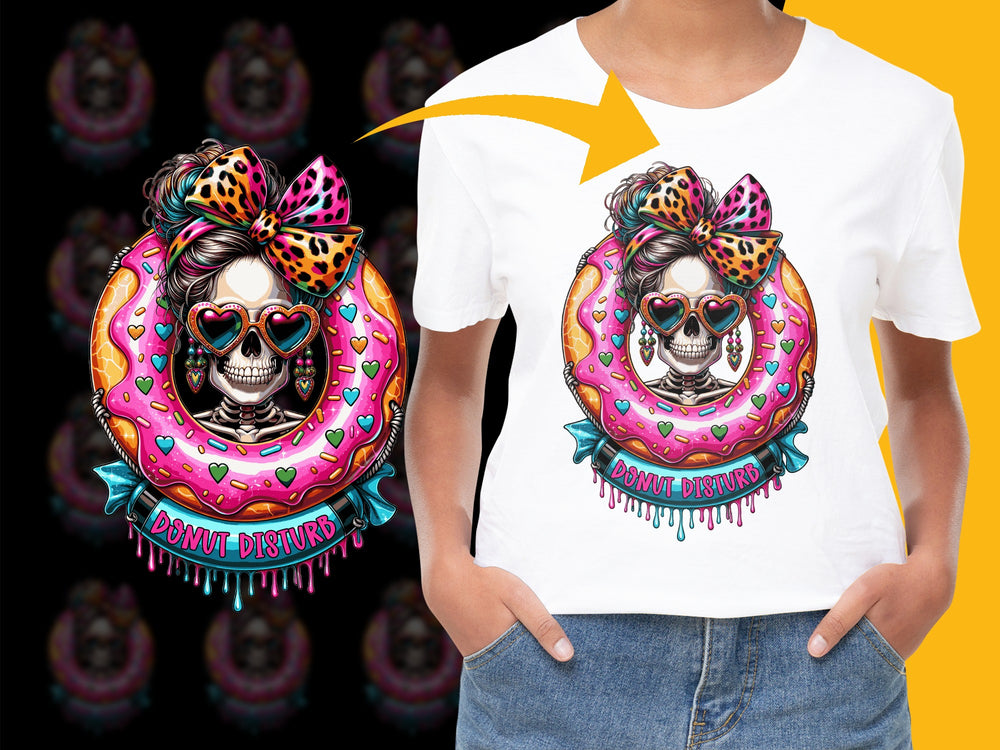 Colorful Sugar Skull T-Shirt, Donut Disturb Graphic Tee, Funky Bow and Hearts, Vibrant Mexican Day of the Dead Apparel