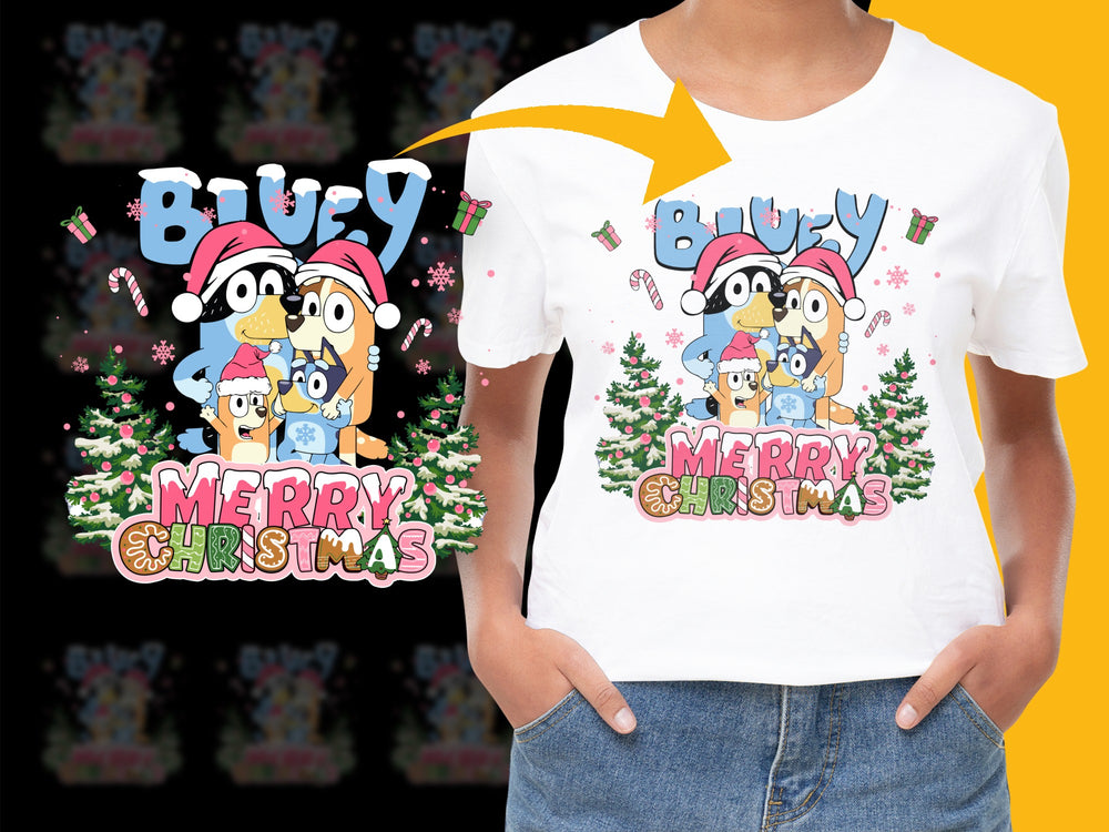 Bluey Christmas T-Shirt, Cartoon Family Holiday Tee, Kids and Adult Sizes, Festive Graphic Shirt