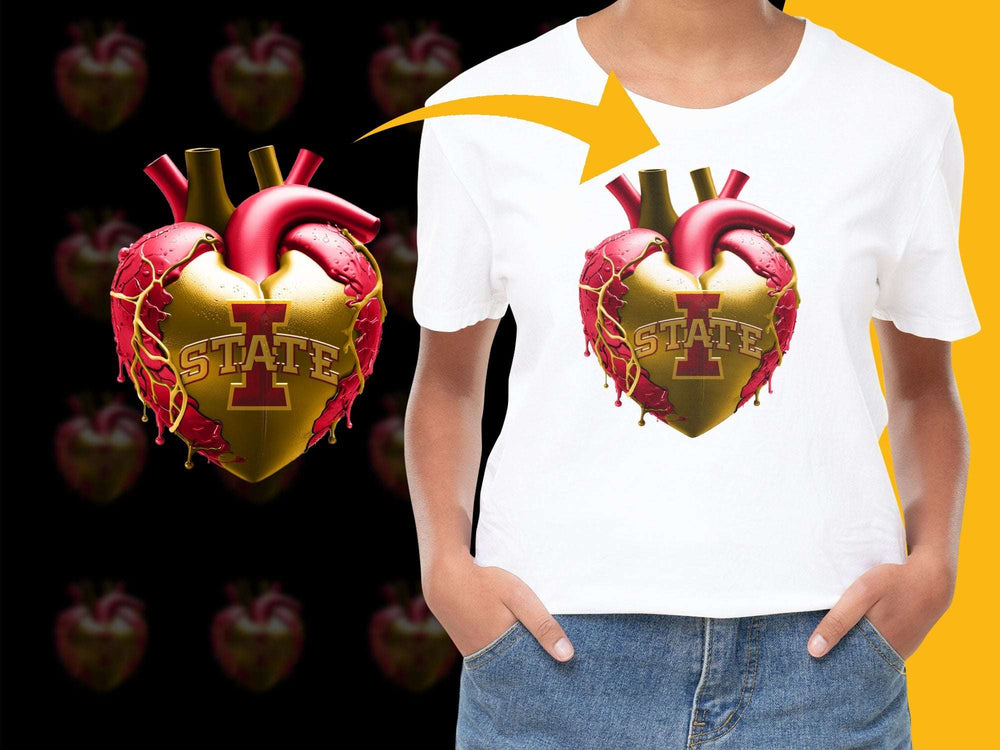 Bold State Heart Graphic T-Shirt, Trendy Love and Pride Design Tee, Unique Yellow and Red Heart Top for Fans and Supporters