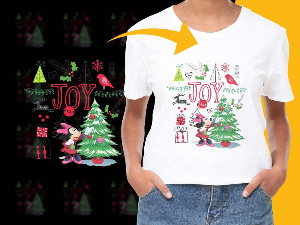 Joyful Christmas T-Shirt with Cartoon Trees and Gifts, Festive Holiday Apparel for All Ages