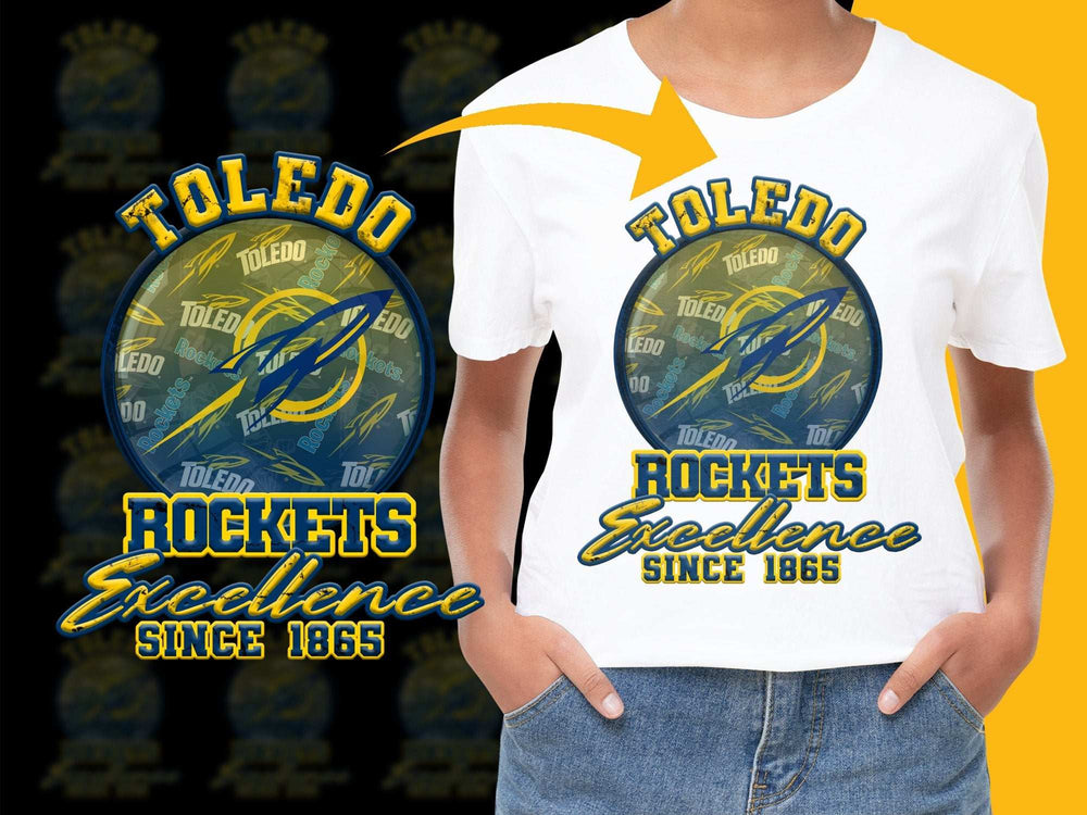 Toledo Rockets T-Shirt, Excellence Since 1865, University Fan Gear, Yellow and Blue Graphic Tee