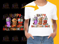 Load image into Gallery viewer, Happy Halliothanksmas T-Shirt, Cute Holiday Characters, Festive Seasonal Tee, Unique Thanksgiving Christmas Halloween Shirt