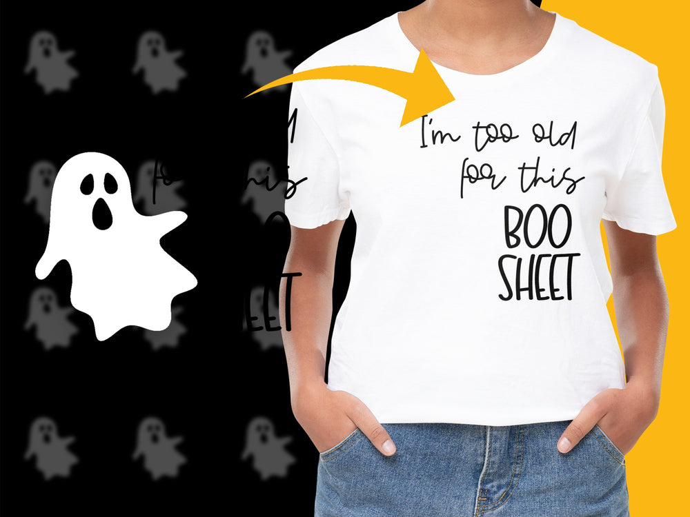 Funny Halloween Ghost T-Shirt, 'I'm Too Old For This Boo Sheet' Graphic Tee, Unisex Casual Shirt for Adults
