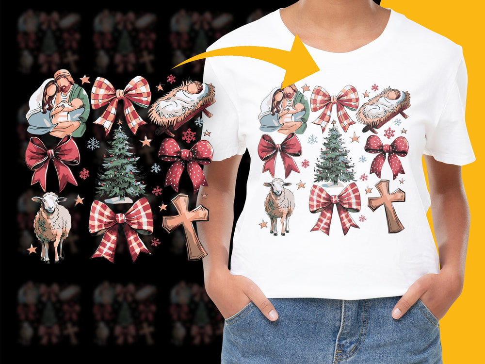 Christmas Themed Graphic T-Shirt, Holiday Prints with Angels, Sheep, and Bows, Festive Casual Wear