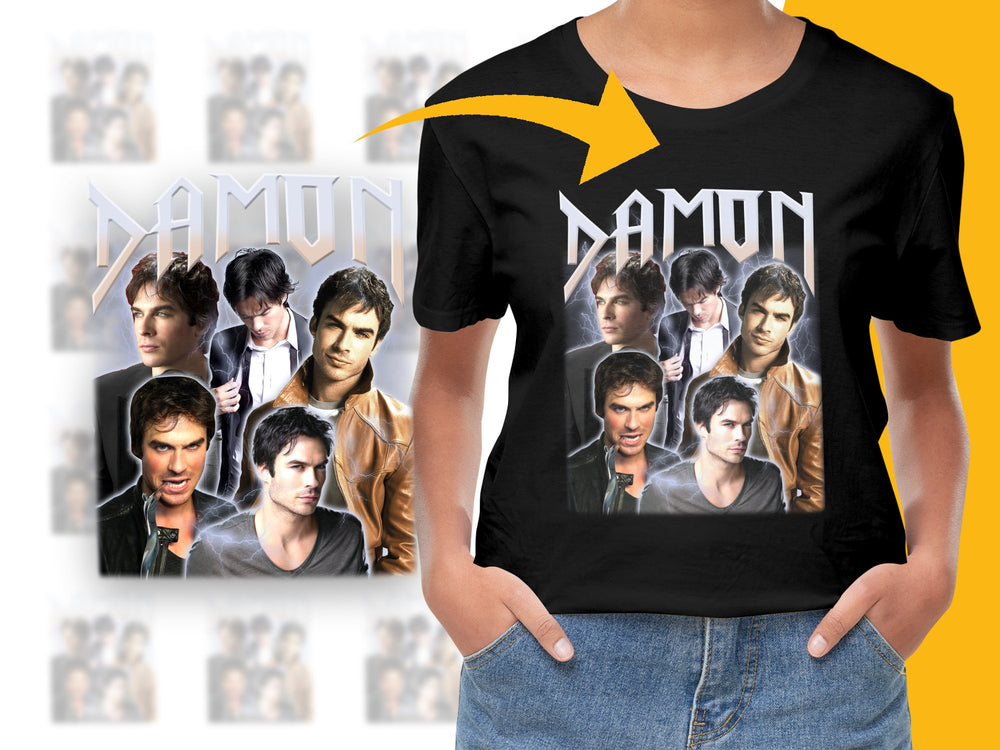 Damon Graphic T-Shirt, Vampire TV Show Inspired, Men's Black Cotton Tee, Multiple Character Poses, Fan Merchandise, Stylish Casual Wear