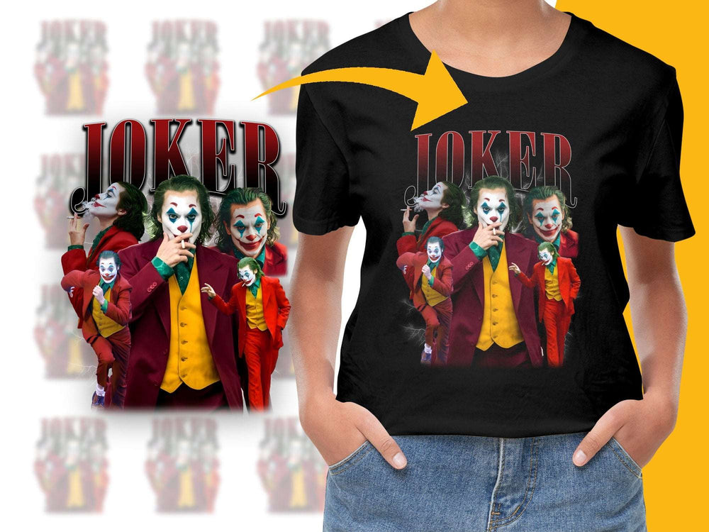 Joker Themed T-Shirt, Vibrant Comic Style Print, Unisex Black Tee, Colorful Joker Characters Design, Casual Wear, Fan Merchandise