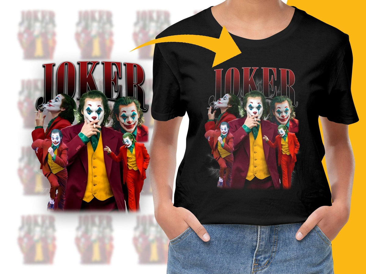 Joker Themed T-Shirt, Vibrant Comic Style Print, Unisex Black Tee, Colorful Joker Characters Design, Casual Wear, Fan Merchandise