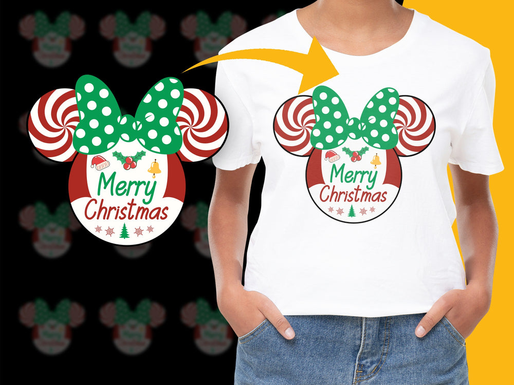 Merry Christmas Mouse Ears T-Shirt, Festive Holiday Tee, Red Green Striped Bow, Family Holiday Outfit, Kids and Adults Sizes Available