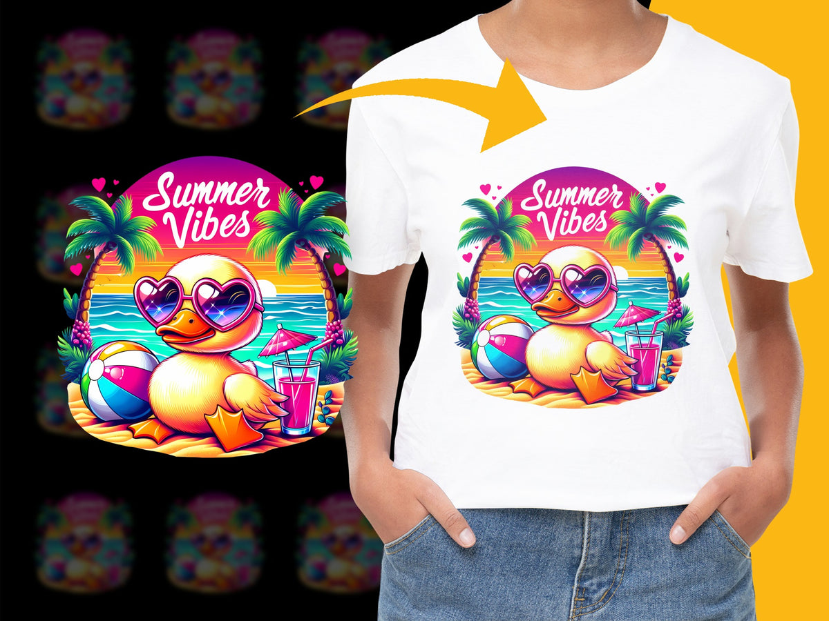 Summer Vibes T-Shirt, Tropical Beach Duck Graphic, Colorful Sunset Palm Trees Design, Women's Casual Wear Fashion