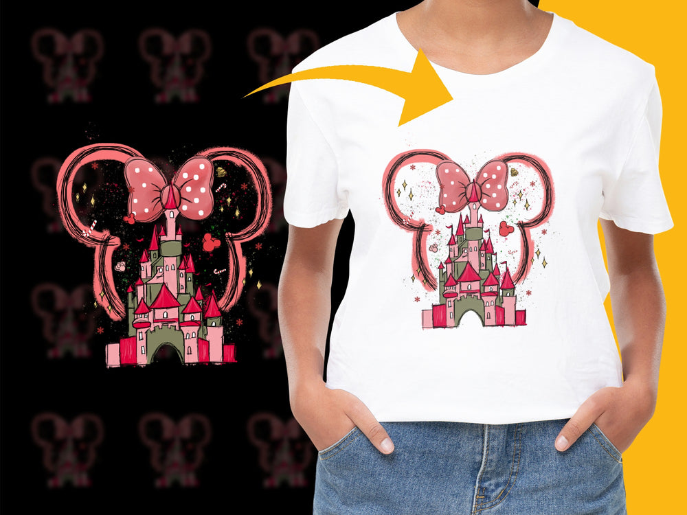 Kids Magical Castle and Elephant T-Shirt, Cute Pink Glitter Graphic Tee for Children, Fantasy Theme Top