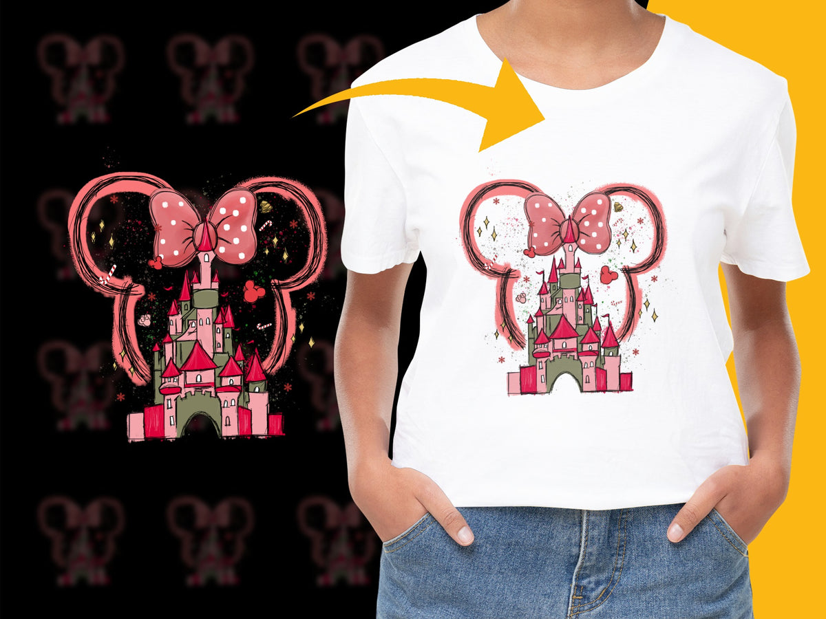 Kids Magical Castle and Elephant T-Shirt, Cute Pink Glitter Graphic Tee for Children, Fantasy Theme Top