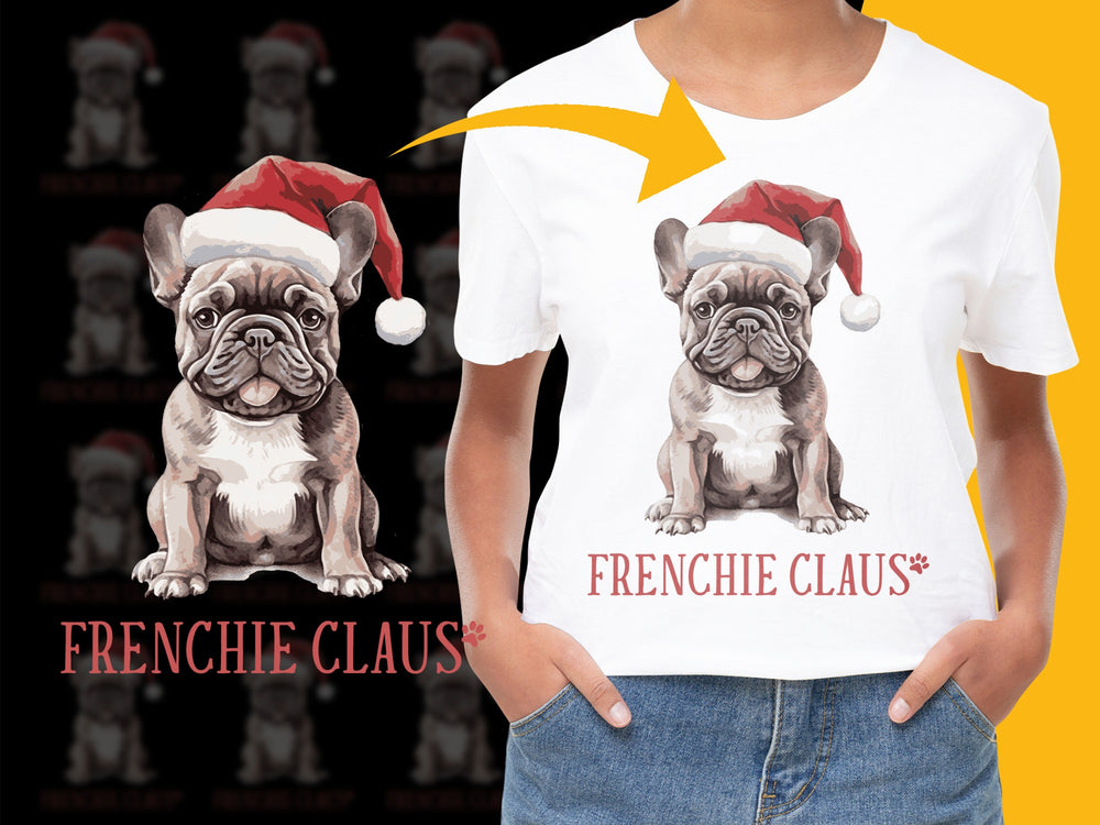Frenchie Claus Holiday T-Shirt, French Bulldog Santa Hat Christmas Tee, Festive Dog Lover Gift, Cute Winter Apparel for Pet Owners