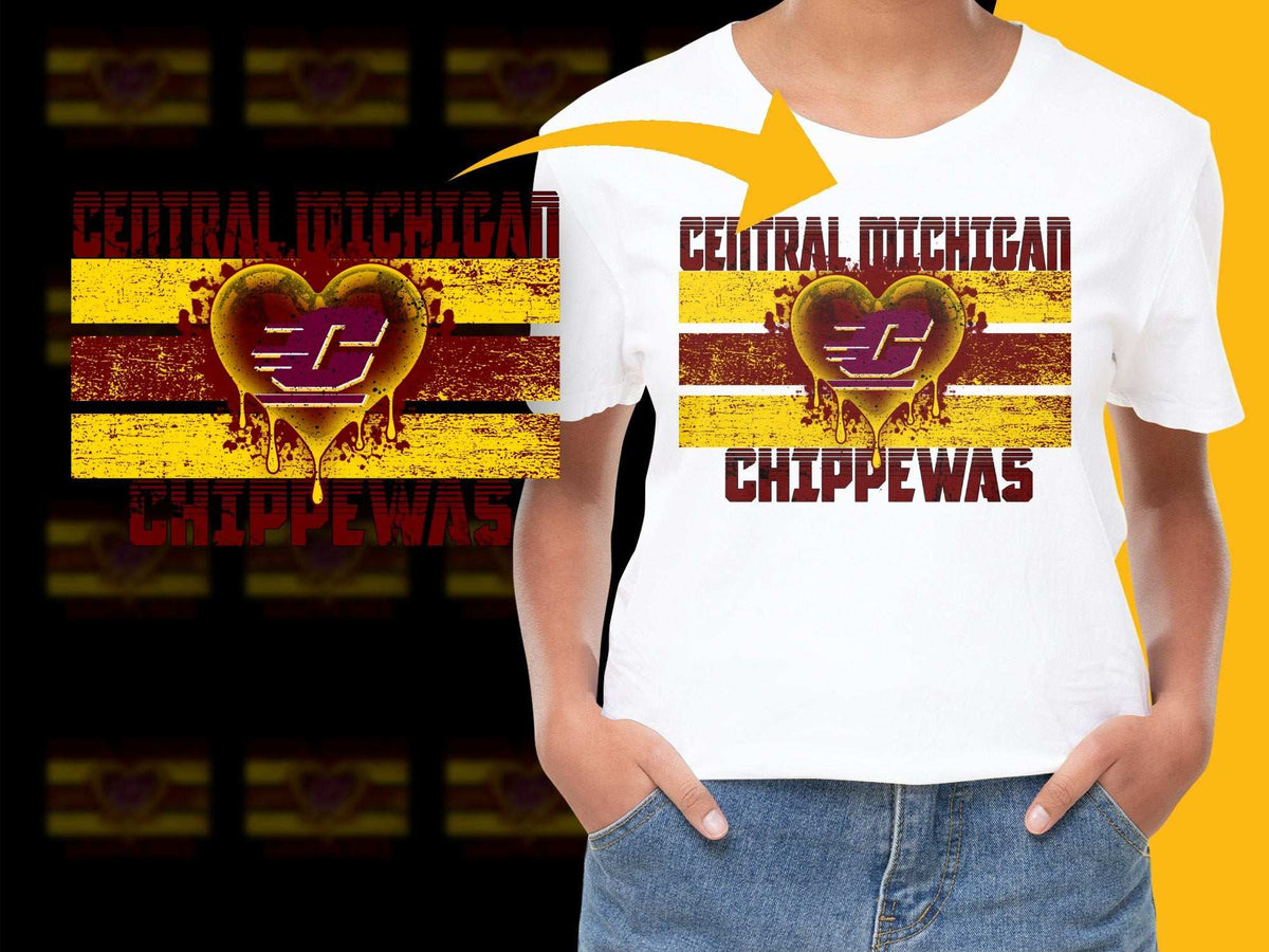 Central Michigan Chippewas T-Shirt, Vintage Heart Logo, College Sports Fan Tee, Yellow and Maroon