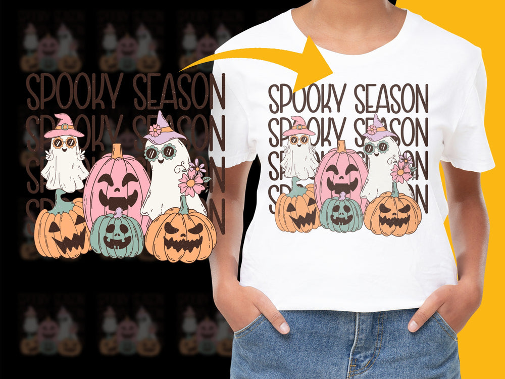 Spooky Season Halloween T-Shirt, Cute Ghosts and Pumpkins, Women's White Tee, Fall Festive Apparel
