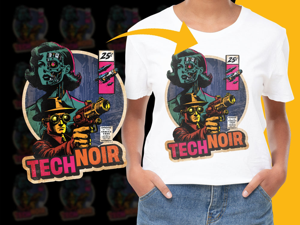 Retro Tech Noir Comic Graphic T-Shirt, Vintage Style Robot Print, Bold Colorful Casual Unisex Tee