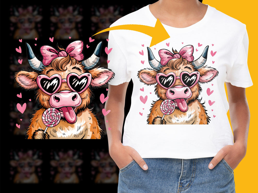 Cute Cow T-Shirt with Lollipop Design, Funny Cartoon Animal Print, Unisex Kids and Adult Sizes, Perfect Gift Idea