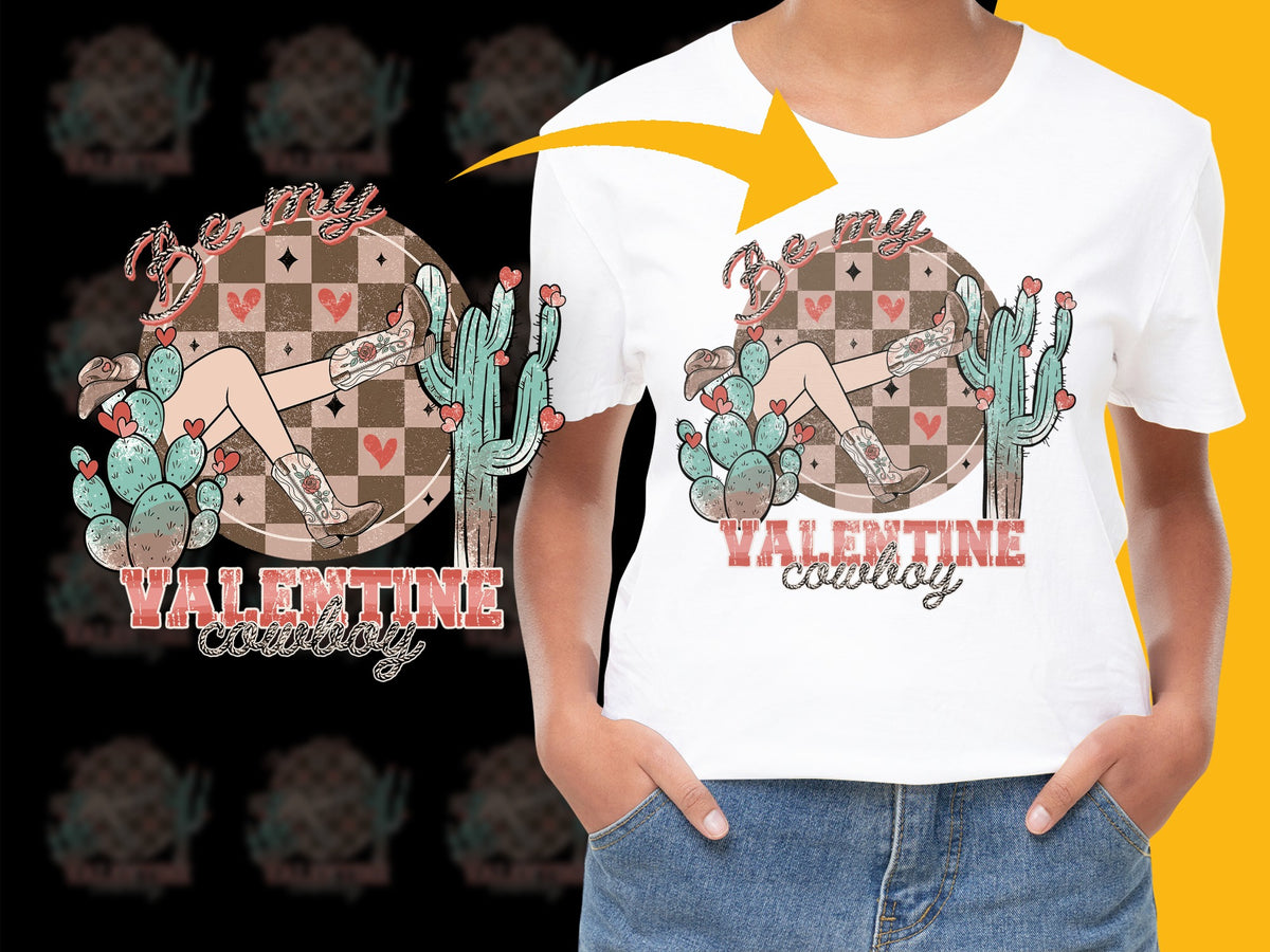 Be My Valentine Cowgirl T-Shirt, Western Cactus Hearts Graphic Tee, Casual Women's Fashion Top, Gift for Her