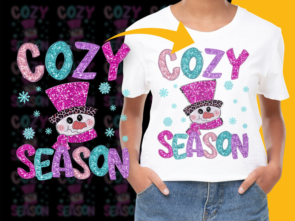 Cozy Season Glittery Snowman T-Shirt, Cute Winter Sparkle Tee, Festive Holiday Apparel for Kids and Adults