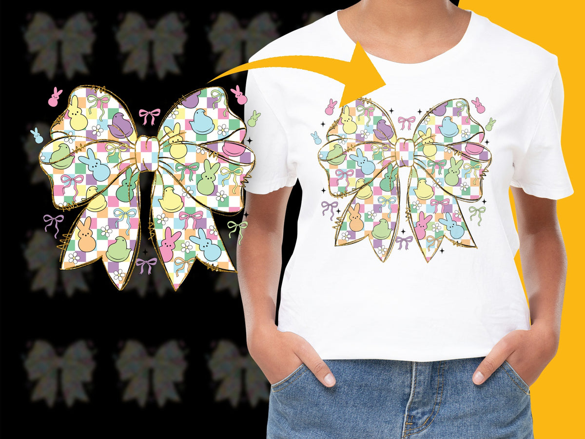 Colorful Easter Bow Graphic T-Shirt, Casual Spring Fashion, Women's Cute Rabbit Tee, Festive Apparel