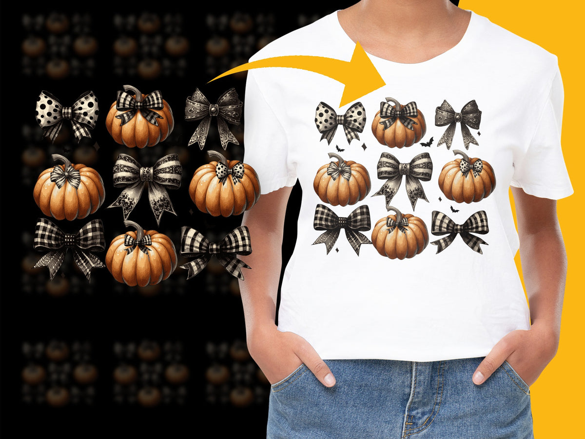 Halloween Pumpkin and Bow T-Shirt, Festive Autumn Graphic Tee, Women's Casual Fall Fashion Top