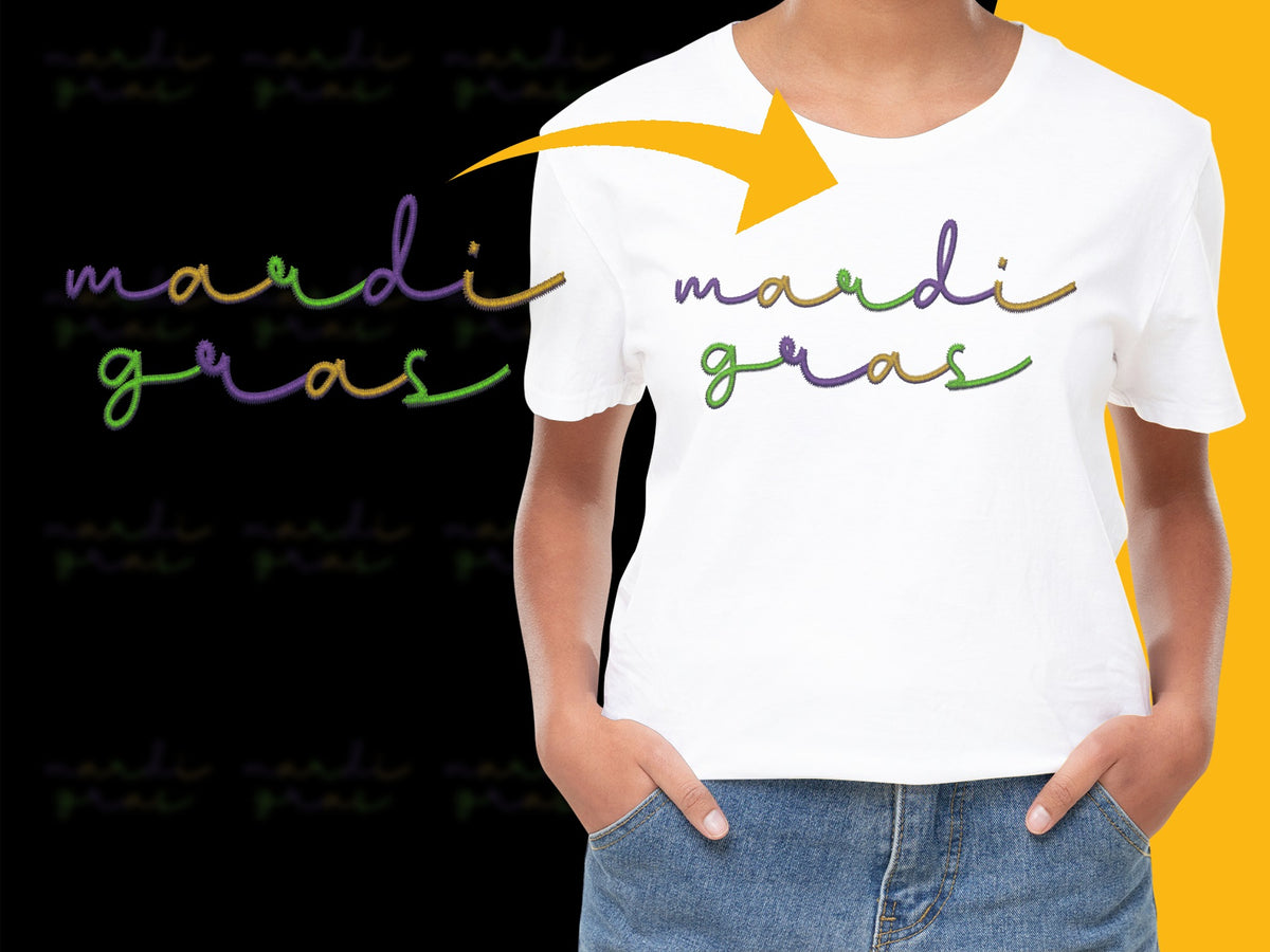 Mardi Gras T-Shirt for Women, Colorful Script Design, Casual Festival Apparel, Trendy Carnival Celebration Outfit