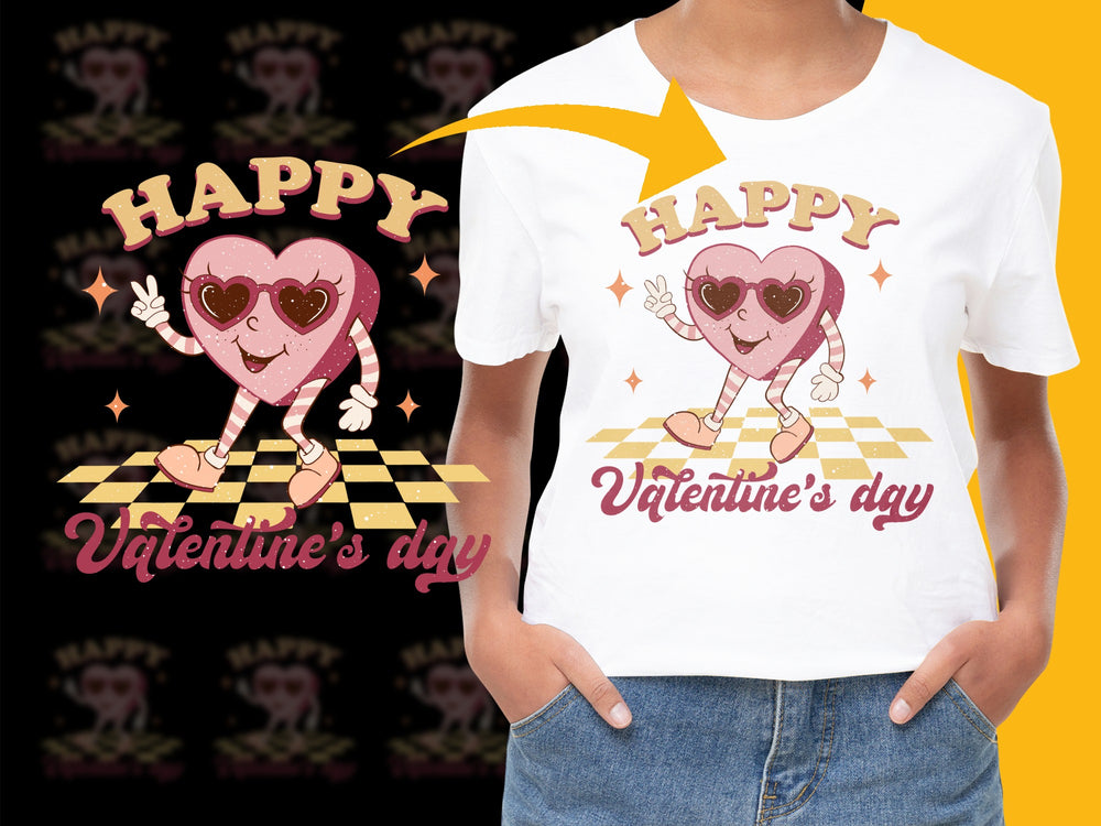 Happy Valentine's Day T-Shirt, Cute Heart Cartoon, Women's Graphic Tee, Trendy Love Shirt