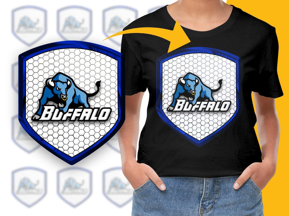 Buffalo Dog Sports Team Graphic T-Shirt, Blue and Black Hexagon Design, Casual Wear for All Ages