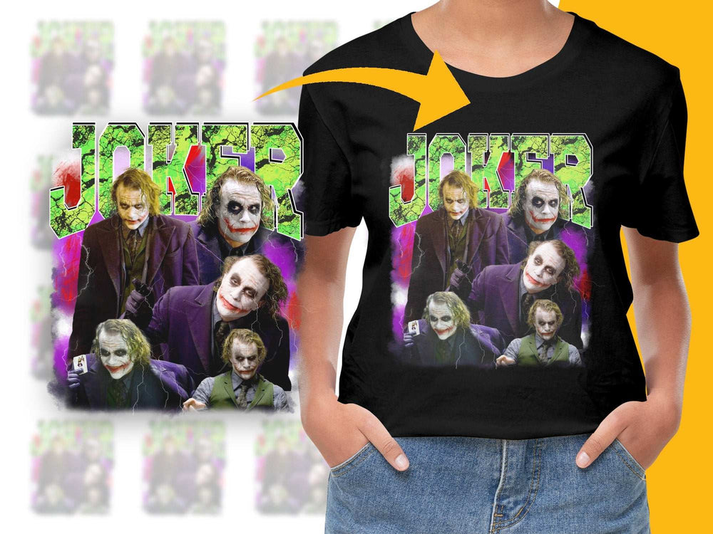 Joker Inspired Graphic T-Shirt, Unisex Tees, Movie Character Design, Multiple Poses, Vibrant Colors, Pop Culture Apparel