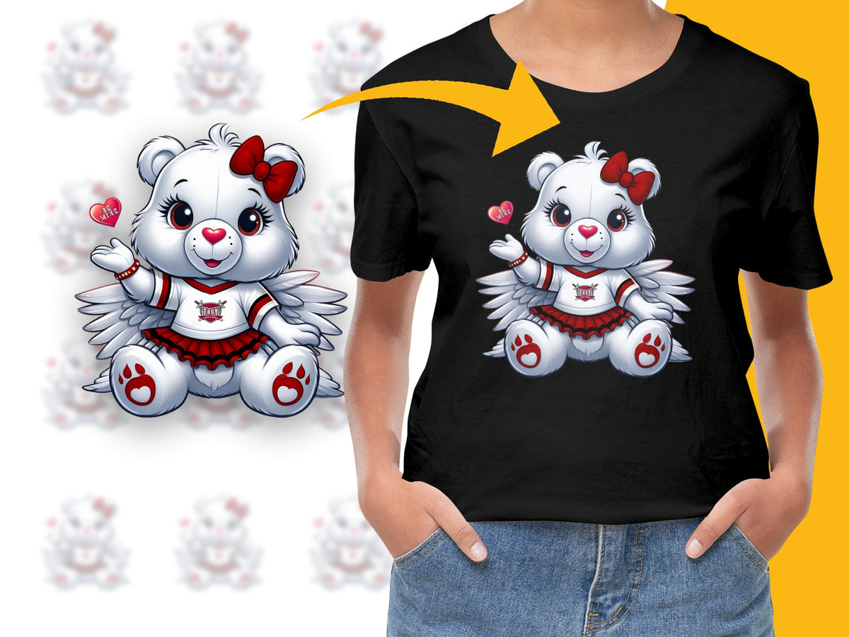 Cute Angel Bear T-Shirt, Valentine's Day Outfit, Kawaii Teddy Bear Tee, Red Heart Design, Casual Black Top for All Ages