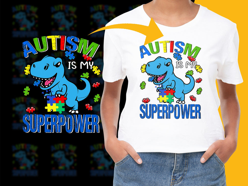 Autism Awareness T-Shirt, Dinosaur Graphic, Colorful Puzzle Pieces, Kids Youth Adult Sizes, Empowering Design