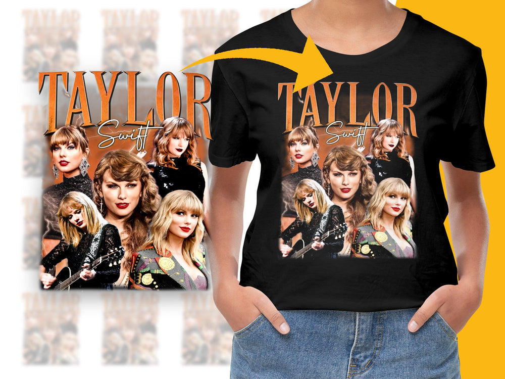 Taylor Swift Inspired Graphic T-Shirt, Vintage Style Pop Music Tee, Fan Merchandise, Multiple Poses Design, Black Cotton Shirt