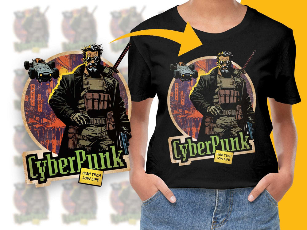 Cyberpunk Graphic T-Shirt, Futuristic Sci-Fi Character Design, High Tech Low Life Tee, Unisex Black Shirt