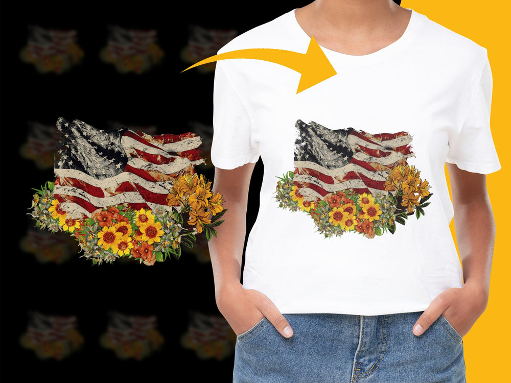 Patriotic Wolf Graphic T-Shirt, Floral American Flag Design, Unisex Adult Clothing, Trendy Nature Print Tee