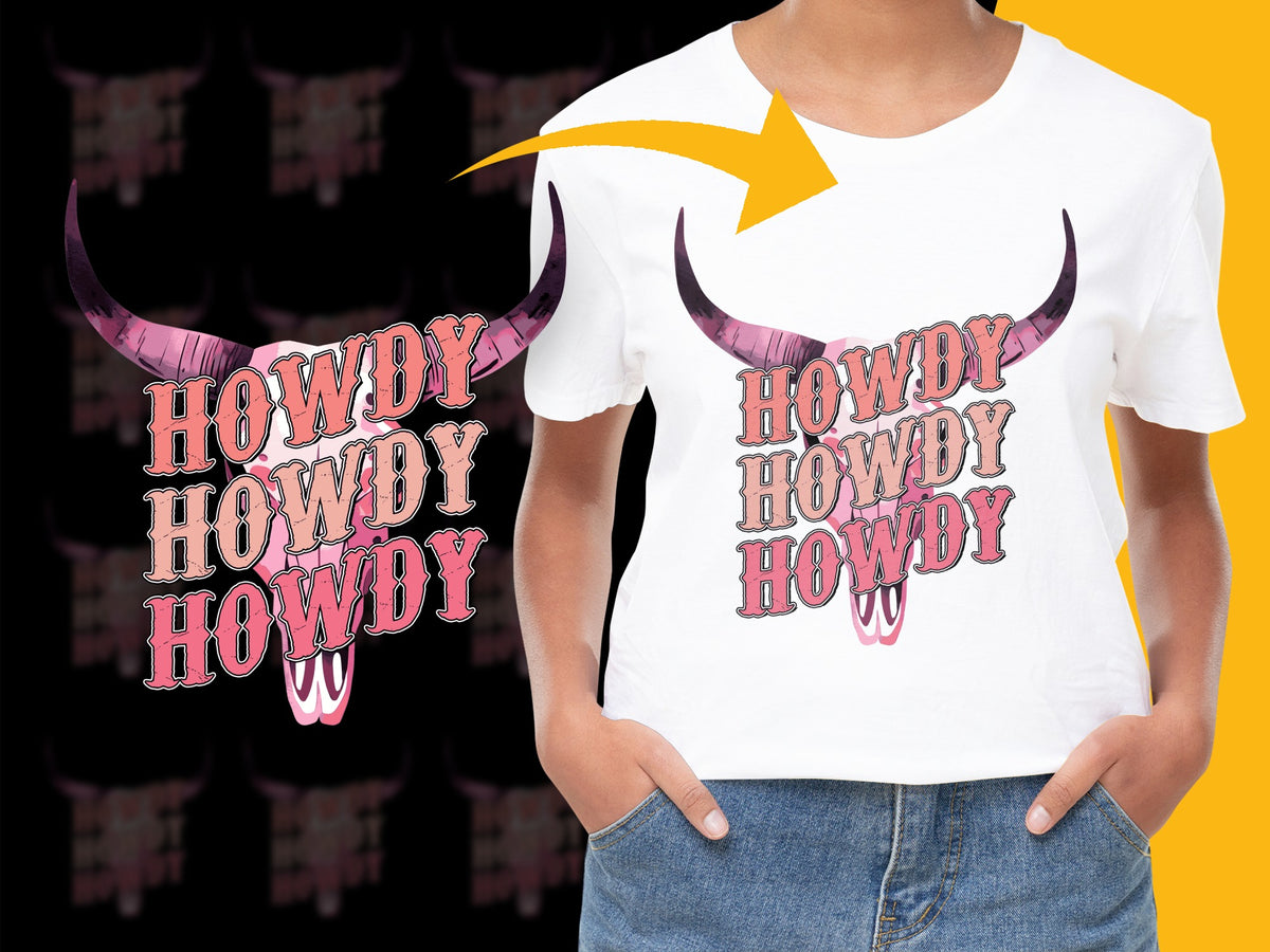Howdy Pink Horns Graphic T-Shirt, Western Style Casual Tee, Trendy Summer Fashion Top for Teens and Adults