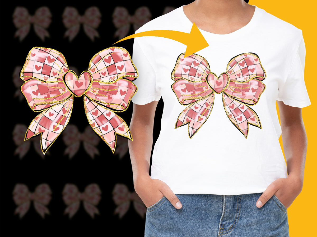 Cute Heart Bow Graphic T-Shirt, Pink and Gold Girls' Fashion Tee, Valentine's Day Casual Top
