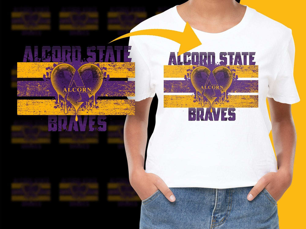 Alcorn State Braves Graphic T-Shirt, Purple and Yellow Striped, Heart Logo, College Apparel