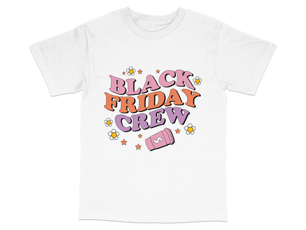 Black Friday Crew T-Shirt, Graphic Tee, Unisex Casual Fit, Holiday Shopping Outfit, White Cotton Shirt with Colorful Design