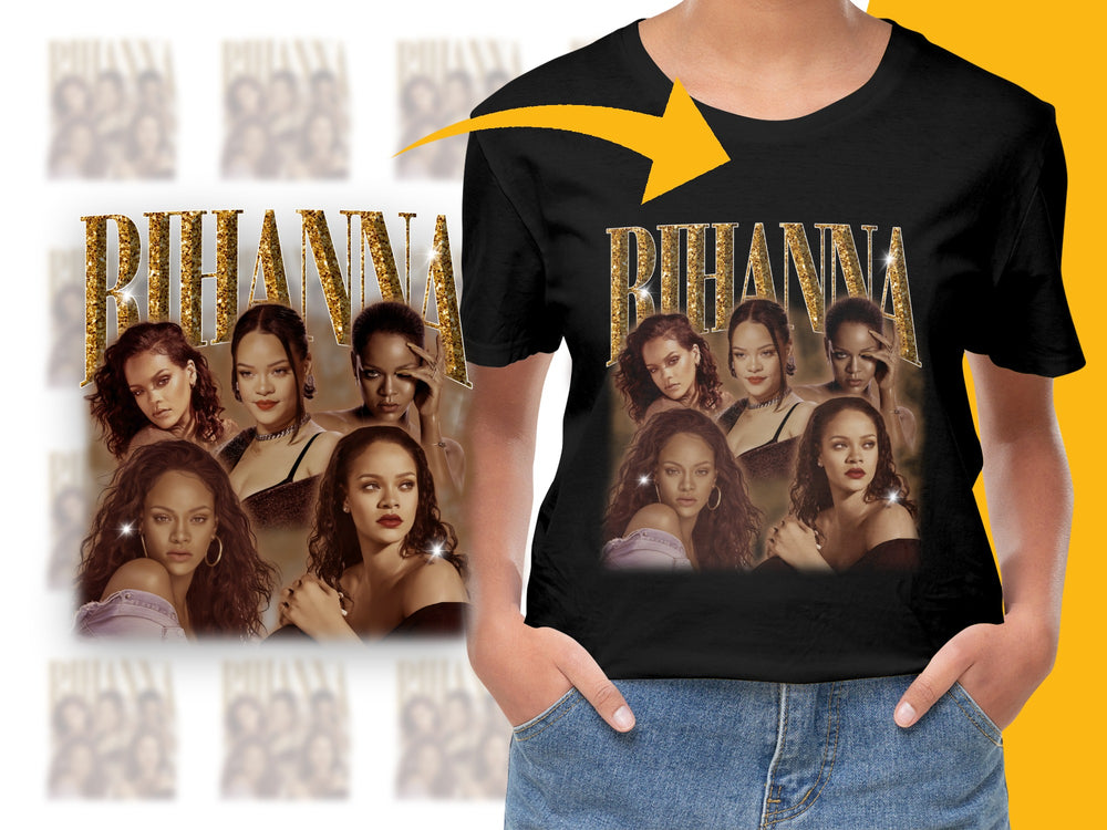 Rihanna Inspired Graphic T-Shirt, Pop Icon Multiple Poses, Black Tee, Fan Merch, Music Star Apparel, Gift Idea