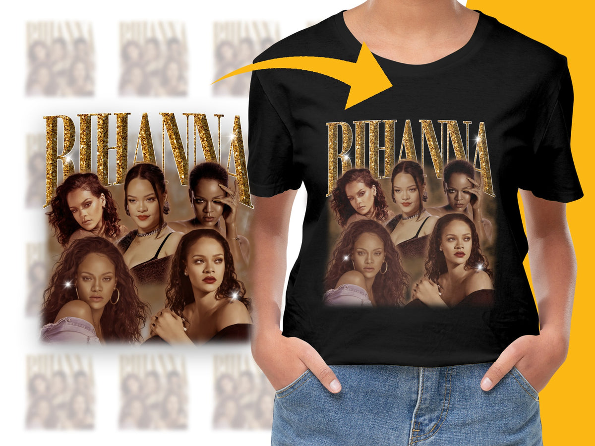 Rihanna Inspired Graphic T-Shirt, Pop Icon Multiple Poses, Black Tee, Fan Merch, Music Star Apparel, Gift Idea