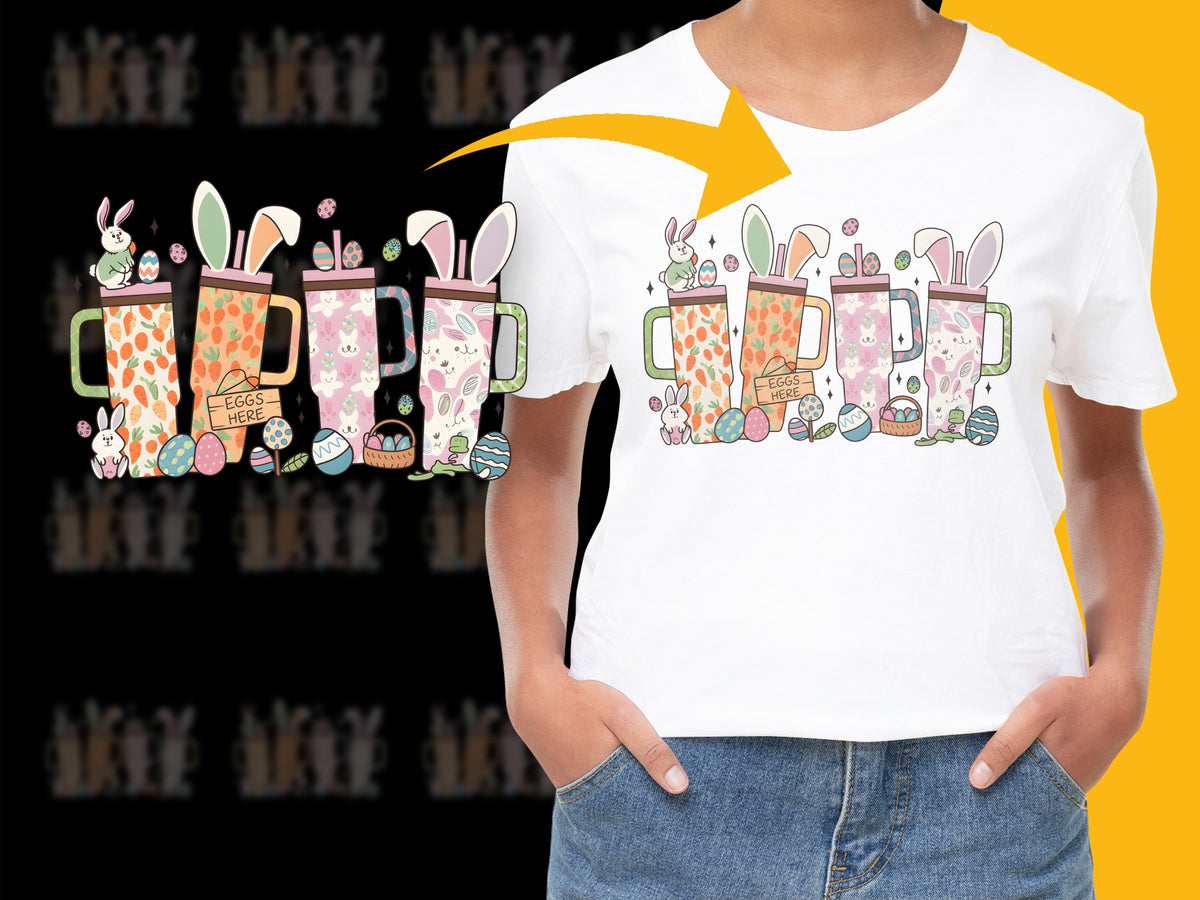 Easter Bunny Coffee Mugs Design Women's T-Shirt, Cute Rabbit Graphic Tee, Spring Holiday Apparel