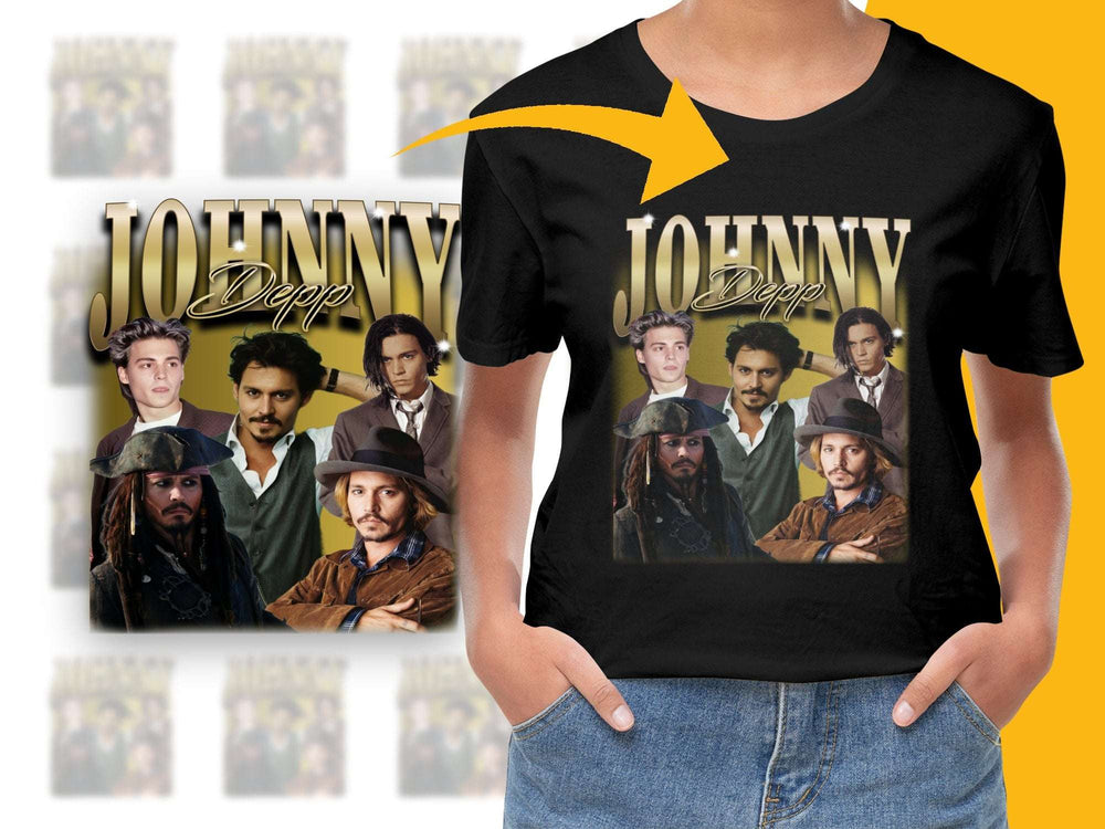 Johnny Depp Graphic T-Shirt, Movie Star Collage Tee, Vintage Celebrity Fashion, Unisex Black Shirt